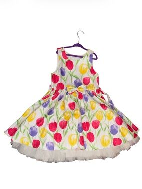 American Princess White Dress with Red, Yellow & Purple Tulips